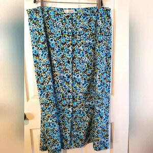 Christopher & Banks, Blue, Floral, Midi Length, Button Front, Sunmery Skirt